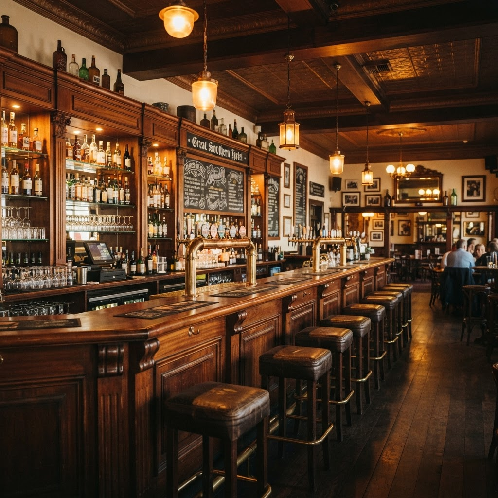 A heritage pub bar with brass taps and warm pendant lighting