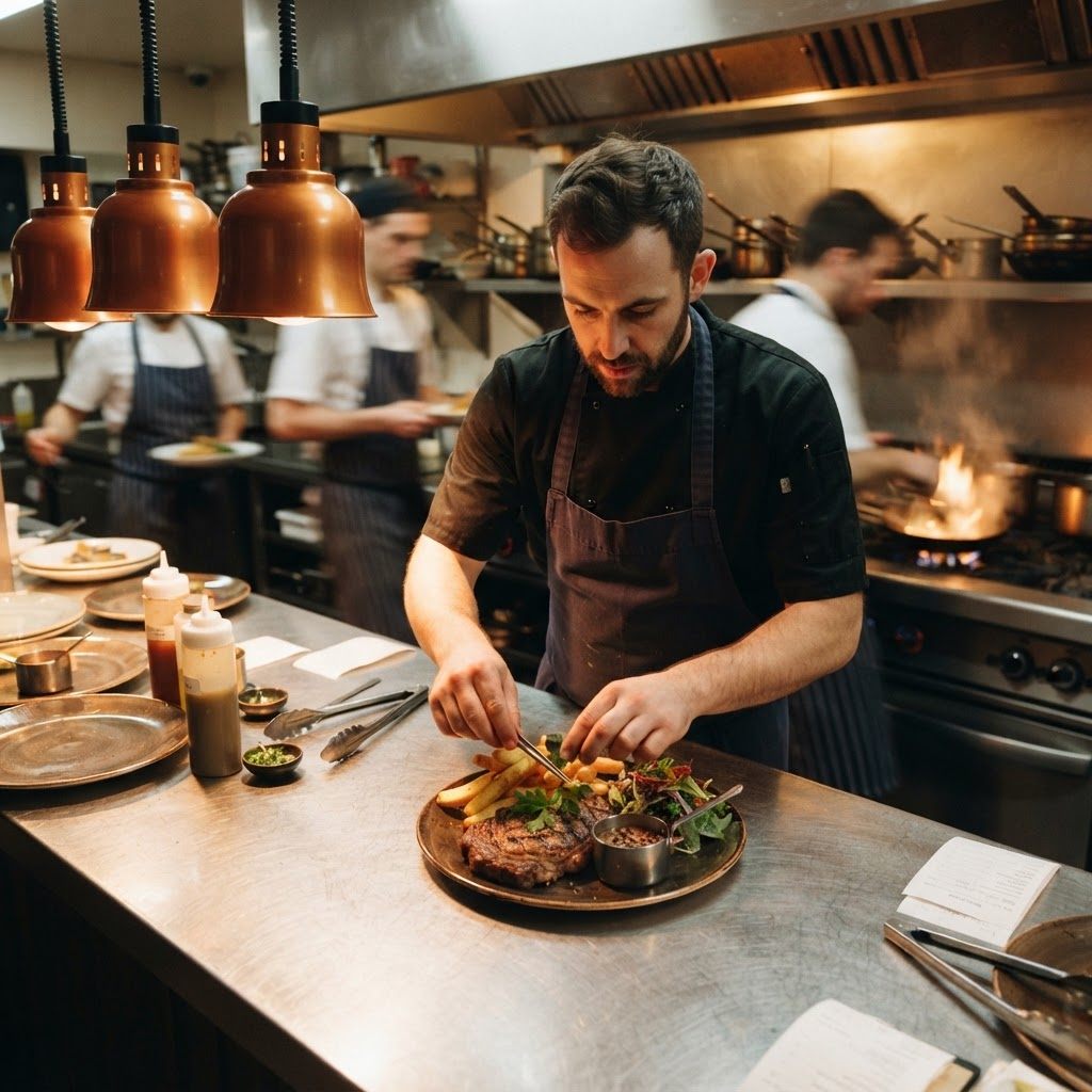 A chef plating food at a busy pub kitchen pass