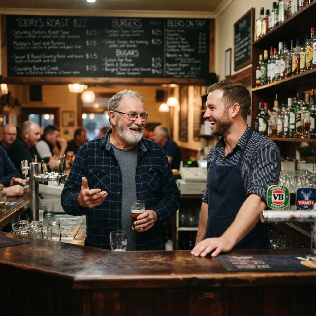 Two publicans talking behind the bar of their pub