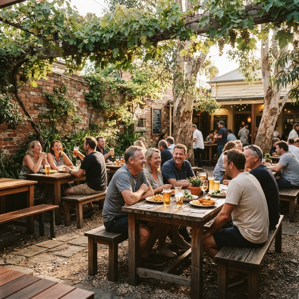A leafy pub beer garden filled with locals in the afternoon sun