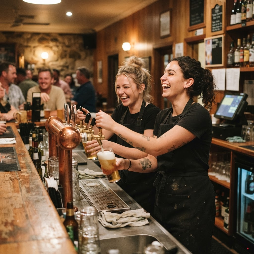 Two hospitality staff members laughing while pouring beers behind a pub bar